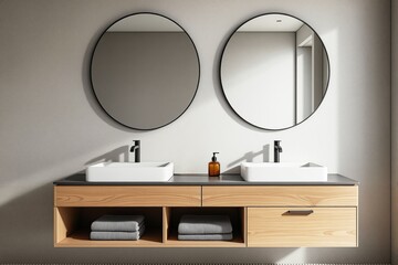 Minimalist bathroom with two round mirrors, white sinks, and wooden vanity cabinet on a soft light background. Concept of modern interior. Ai generative