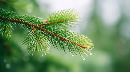 Fototapeta premium Closeup of Fresh Fir Tree Branch with Dew
