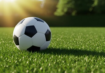 Soccer Ball on Green Grass Field, Sunlight, Football, Sports Background, Play, Game Concept.
