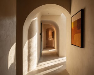 Sunlit hallway with arched doorways and abstract art.