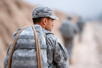 Army fitness test concept, A soldier in camouflage uniform with a backpack and rope walks outdoors, followed by others in the distance.