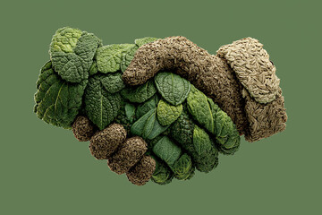 Green Deal: Two hands formed from leaves and soil clasp in a handshake symbolizing environmental cooperation and sustainable practices.