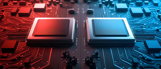 Two processors side by side on a motherboard. A close-up of two microchips on a circuit board, lit with red and blue tones symbolizing competition and technological rivalry