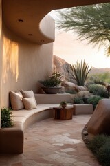 Curved patio seating area with desert landscaping.