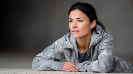 Army fitness test concept, A woman in camouflage military uniform lies down, gazing thoughtfully ahead with a determined expression.