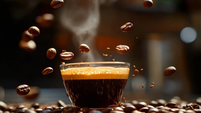 Freshly Brewed Coffee with Espresso in a Glass Surrounded by Beans
