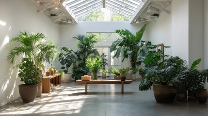 Indoor space filled with lush greenery and natural light.