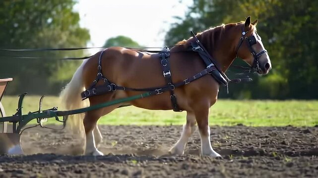 Horse pulling plow through brown earth field on sunny day