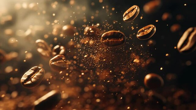 Floating Coffee Beans in Dark Background with Dramatic Lighting