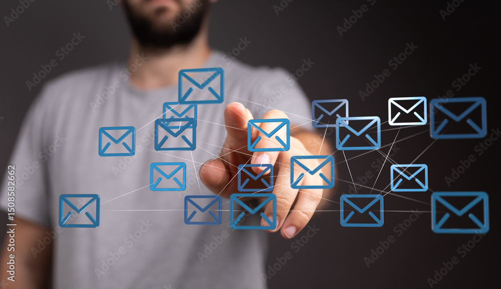 Poster image depicts a person interacting with a network of email icons, symbolizing digital communication 