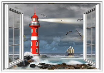 Offenes Fenster mit Blick auf einen rot, weißen Leuchtturm auf einer Klippe bei Abenddämmerung mit Segelschiff am Horizont