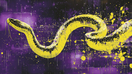 Stylized snake illustration with bold purple and yellow colors, pixel and paint textures, and an abstract background

