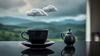 One black Teacup , saucer and sugar pot with miniature Rain Clouds in a beautiful landscape	