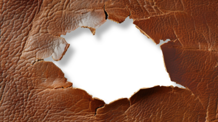 Torn brown leather texture with transparent background showcasing weathered detail and unique pattern