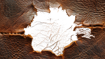 Visible texture of a worn brown leather surface showcasing a significant tear with a white area exposing the inner material underneath