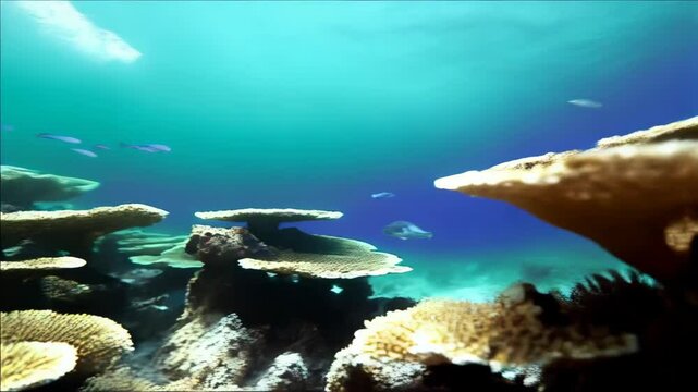 Shoal of vibrant blue and yellow damselfish swimming near a tan colored coral reef in a clear ocean aquatic environment