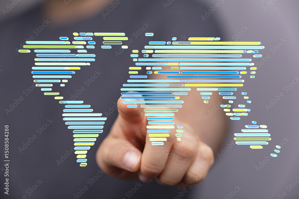 Fototapete hand interacting with a digital world map, representing global connectivity and networking.