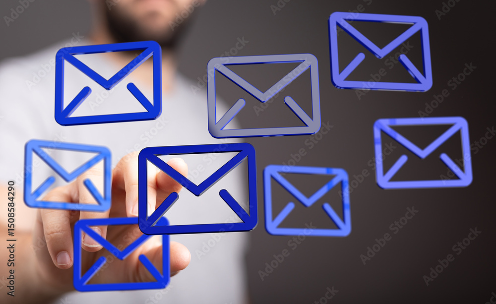 Aufkleber Person interacting with multiple email icons, representing inbox management and digital communication.