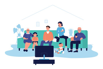 Happy big family at home vector illustration. Cartoon flat adult characters and children sitting on sofa together and watching TV news or movie in living room. Family relax in evening time background