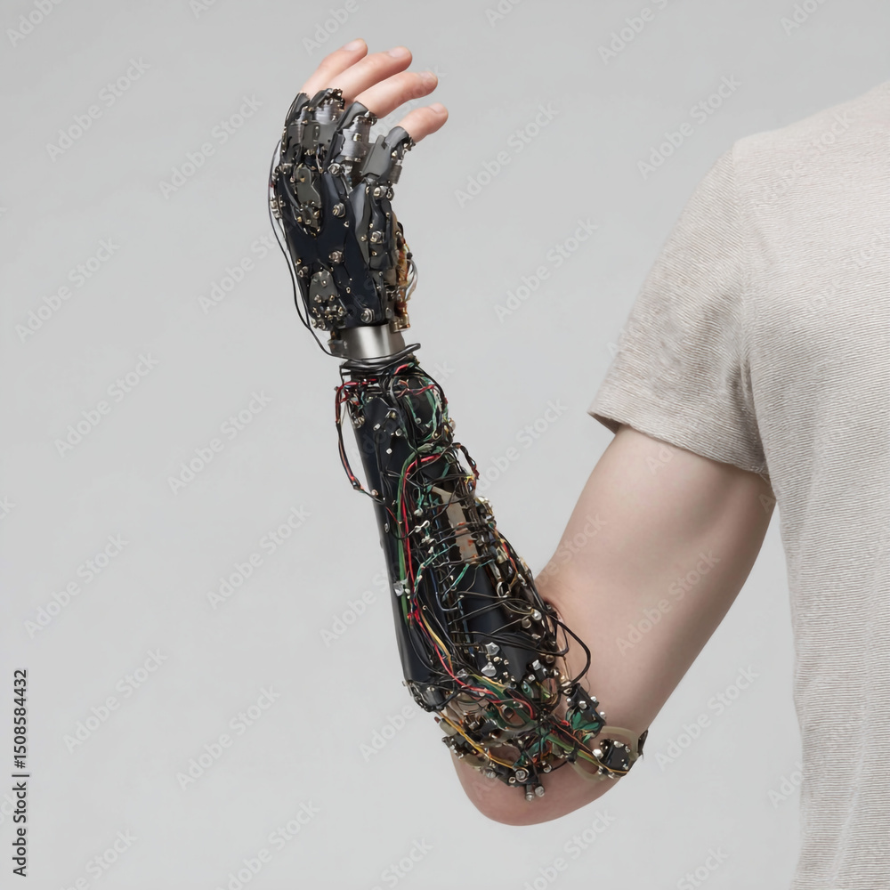 Aufkleber a robotic arm attached to a human arm against a plain background in a studio environment setting