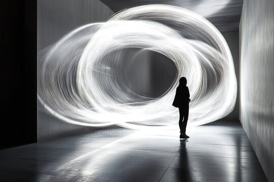 Futuristic light beams circling displayed item