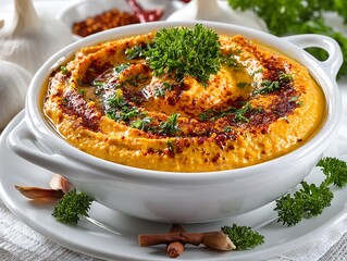 A bowl of delicious butternut squash hummus garnished with fresh parsley