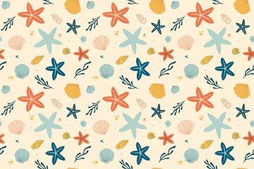 Playful marine-themed seamless pattern with starfish, seashells and seaweed on sandy background, concept of summer decor or ocean life
