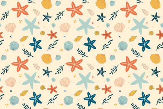 Playful marine-themed seamless pattern with starfish, seashells and seaweed on sandy background, concept of summer decor or ocean life
