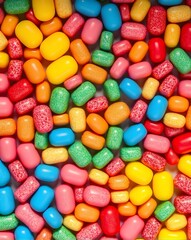 A textured flat lay of colorful chewing gum in rectangular and oval forms, combining matte and speckled finishes for a lively candy background full of joyful energy