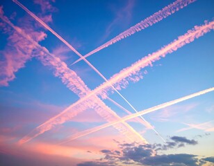 Pink contrails crisscross a vibrant sunset sky