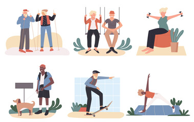 Active old people vector illustration set. Cartoon flat aged healthy lifestyle activity collection with sport yoga exercises, walking with senior friends or pet dog, skateboarding isolated on white
