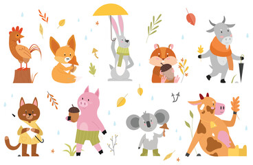 Autumn animals vector illustration set. Cartoon hand drawn autumnal woodland collection with cute animal characters enjoying fall season in forest, funny cow goat rooster fox hamster pig cat hare