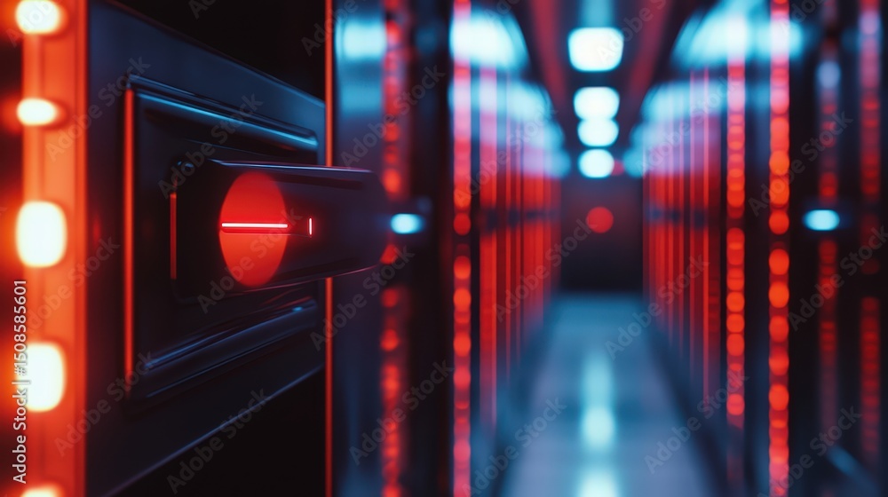 Poster security breach detection systems data centers cybersecurity measures high-tech environment digital 