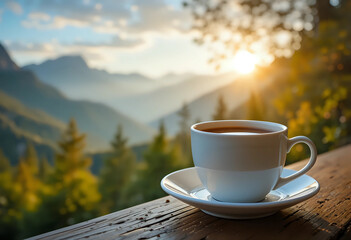 Morning cup of coffee with mountain background at sunrise.