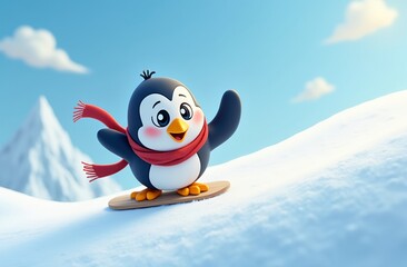 A 3D cartoon penguin sliding down an icy slope, with a scarf flying behind