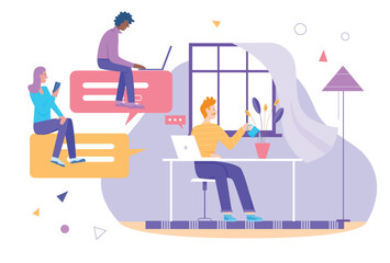 Chat friendly messages vector illustration. Cartoon flat tiny young woman man friend characters communicate from home, using online chat text messenger for friendship communication isolated on white