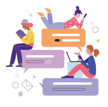 Chat friend messages vector illustration. Cartoon flat tiny young girl characters messaging, using messenger app on screens of laptop, tablet or phone. Online friendly communication isolated on white