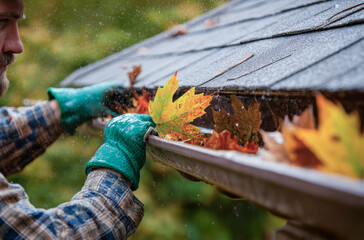 Gloved hand clearing wet autumn leaves from roof, roof maintain to clean out any leaves or debris that have built up in your roof's gutters