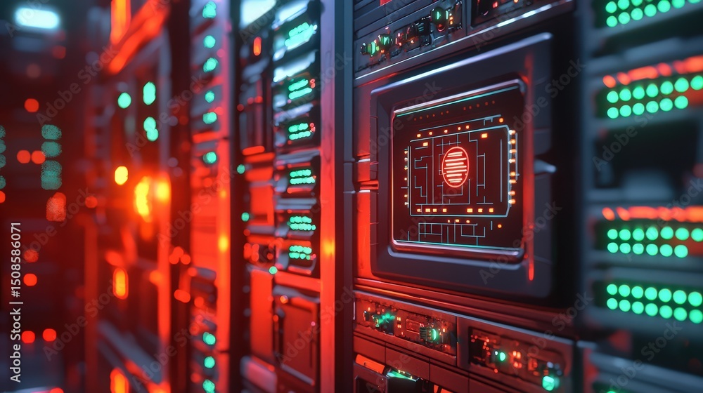 Poster security risks protection event in data centers realistic image of fire safety measures and monitori