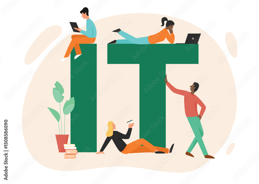 Poster developer people with it lettering vector illustration. cartoon flat tiny young software developing 