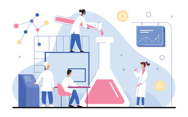 People work in science laboratory vector illustration. Cartoon flat tiny scientist researcher characters working with lab scientific equipment over research in chemistry medicine isolated on white