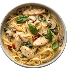 Creamy tuscan chicken pasta isolated on transparent background