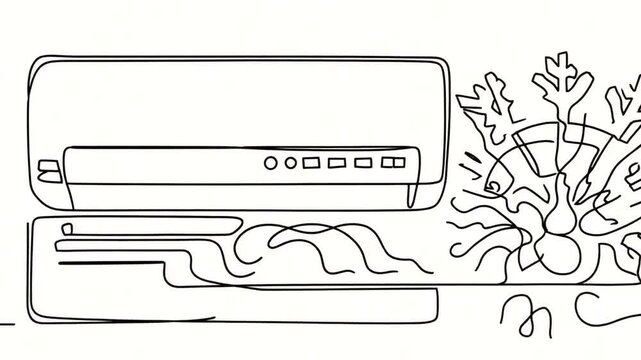 Minimalistic line drawing of an air conditioning unit with abstract nature elements in background