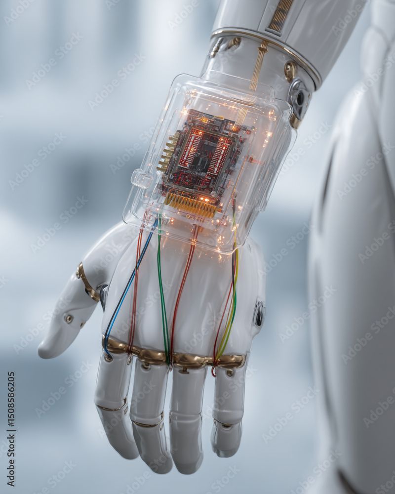 Poster close up of a robotic arm with visible circuitry and wires connected to the hand and wrist area