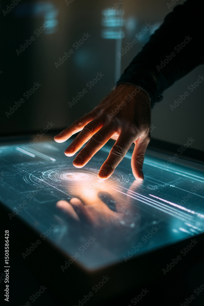 Poster a hand interacting with a glowing futuristic touch screen interface in a dark environment setting
