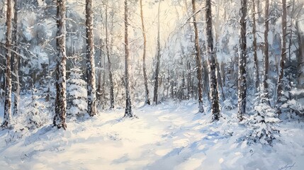 Fototapeta premium Peaceful winter scene of snow-covered trees in a serene forest landscape soft lighting tranquil nature environment