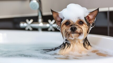 Yorkshire Terrier bath time, soapy bubbles, bathroom