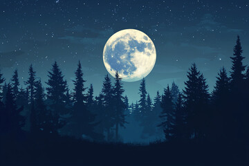 Low-angle forest silhouette beneath full moon lighting