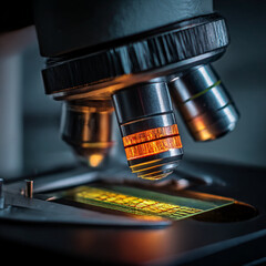 A close up view of a microscope with a slide underneath the objective lenses in a dark environment