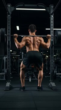 Man performing back squat exercise in gym setting for fitness and strength training
